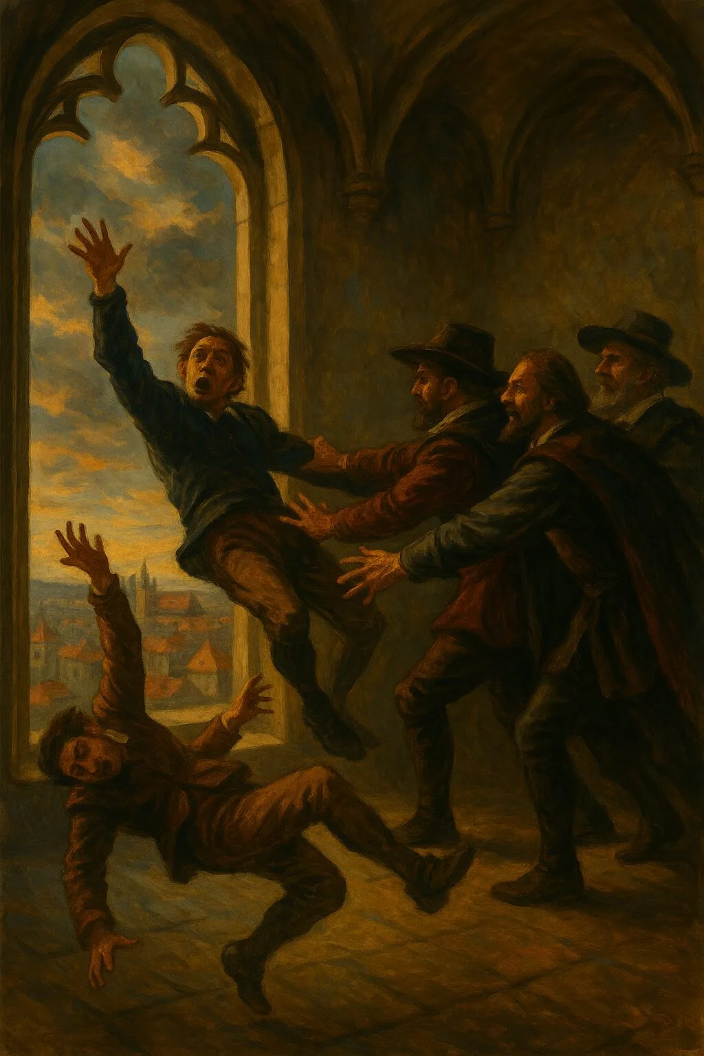 Eine künstlerische Illustration einer künstlichen Intelligenz des Prager Fenstersturz 1618.